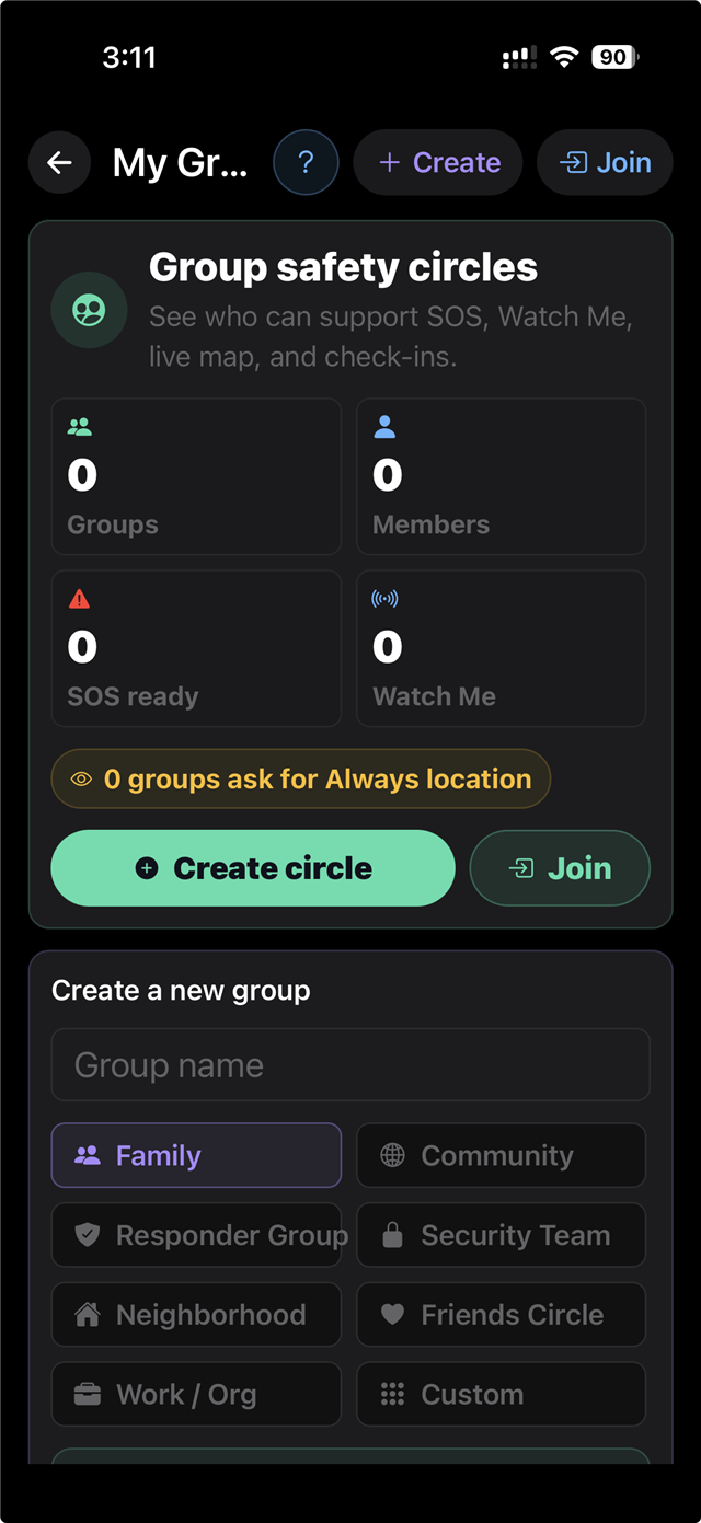 Group safety circles screen