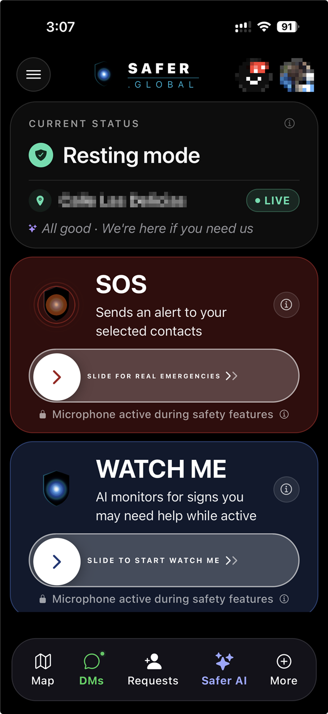 Safer home screen with SOS and Watch Me