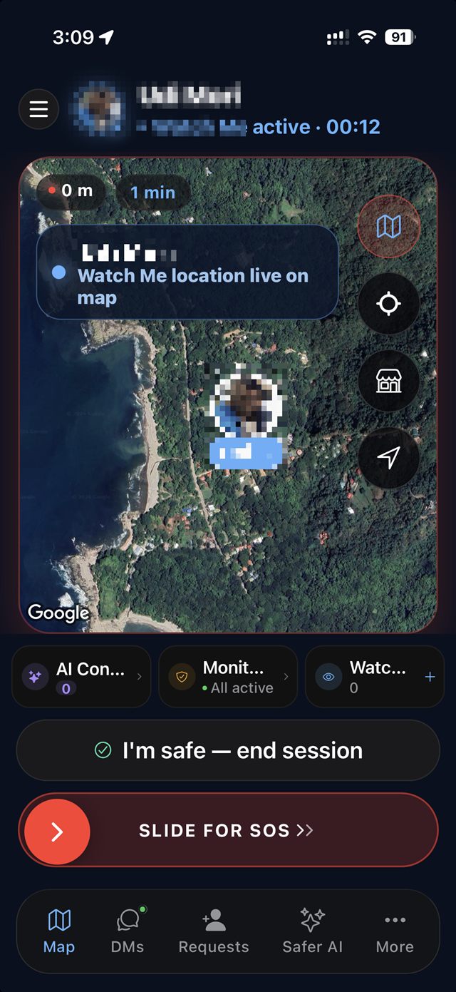 Watch Me active with live location on the map